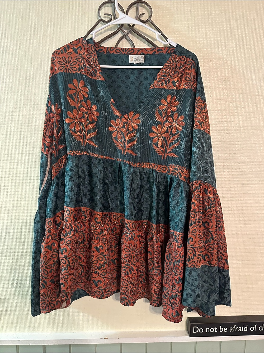 Boho Floral Patchwork Silk V-Neck Tiered top in Teal and Rust